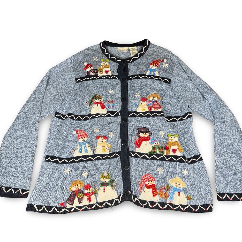 VTG Christmas Women's Embroidered Holiday Cardigan 2XL 18/20 Button Snowman